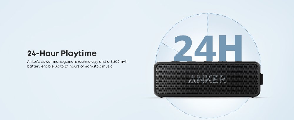 Text reads '24-Hour Playtime'. Product shot of black Anker speaker with '24H' text overlay.